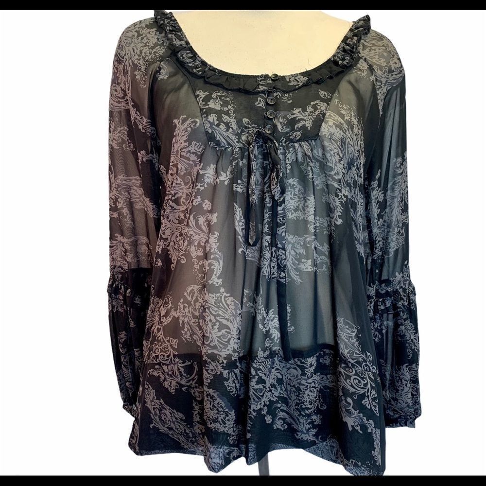 Costa Blanca Black gray sheer chiffon blouse Sz M